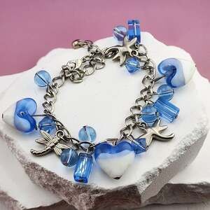Blue White Heart Bead Dragonfly Charm Bracelet Silver Tone Adjustable Boho